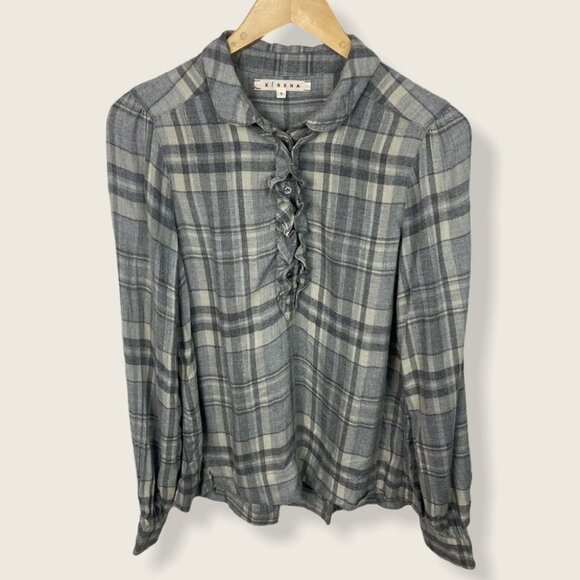 XIRENA Ali Top Dovetail Flannel Ruffle Grey Blouse Size Small Plaid Popover USA - Picture 3 of 10